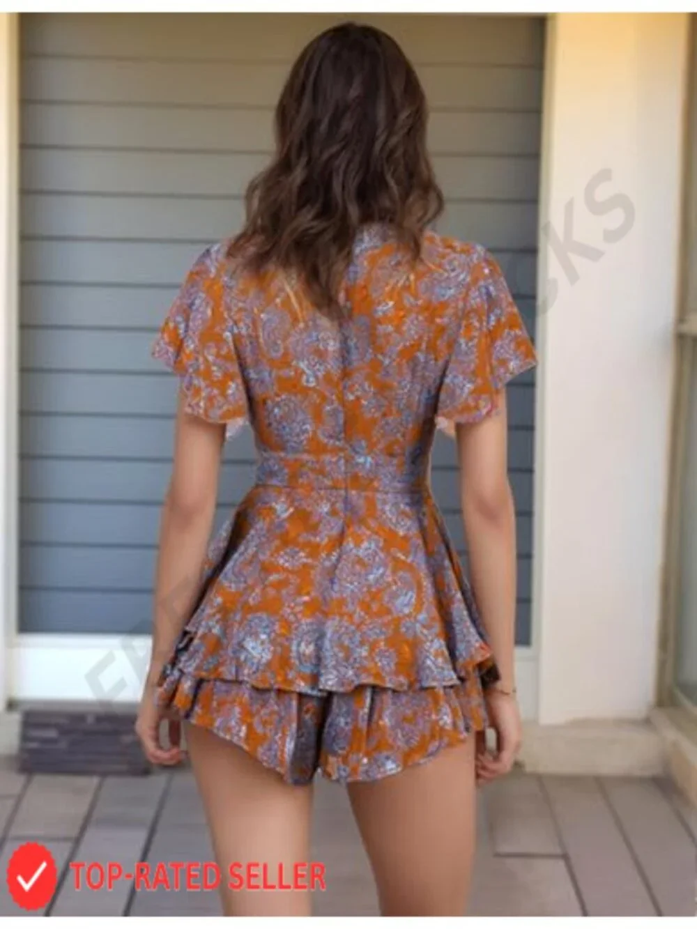 Women's Floral V-Neck Romper Ruffle Hem Jumpsuit Short Flare Sleeve Waist Tie